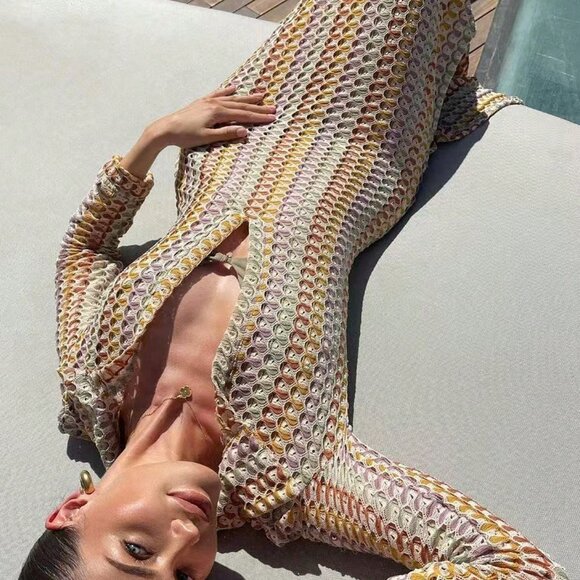 Casual Women's Crochet Hollow Out Deep V-Neck Slit Beach Dress - Picture 4 of 8